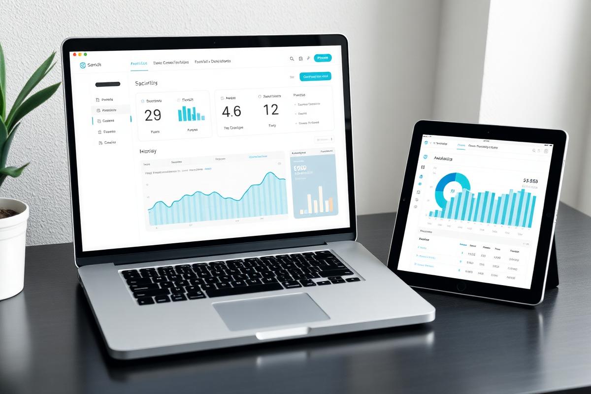 Illustrative photograph of a laptop and tablet displaying an analytics dashboard interface